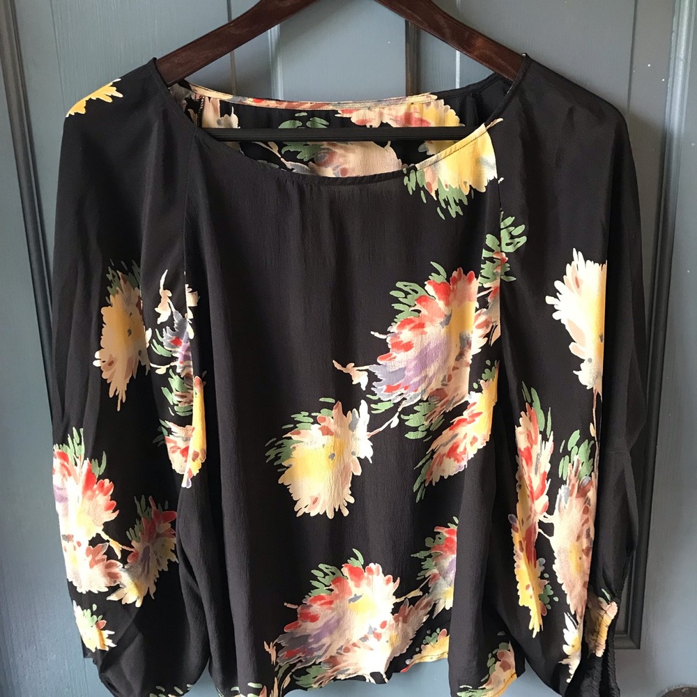 Anthropologie Silk Floral Balloon Sleeve Top